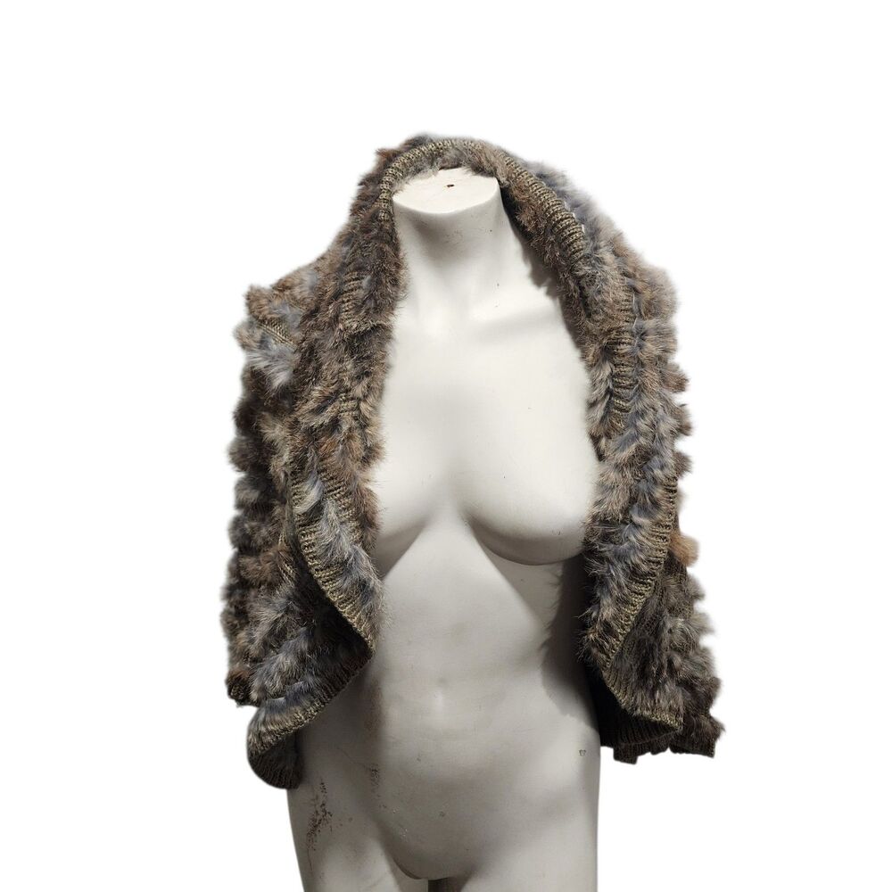 Alberto Makali Rabbit Fur Knit Bolero L Brown Open Front Shrug Cardigan